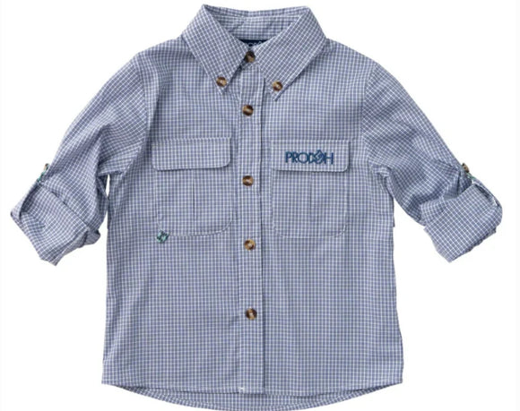 Blue founders fishing button up boys shirt