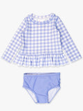 Periwinkle blue gingham scallop long sleeve girls swim