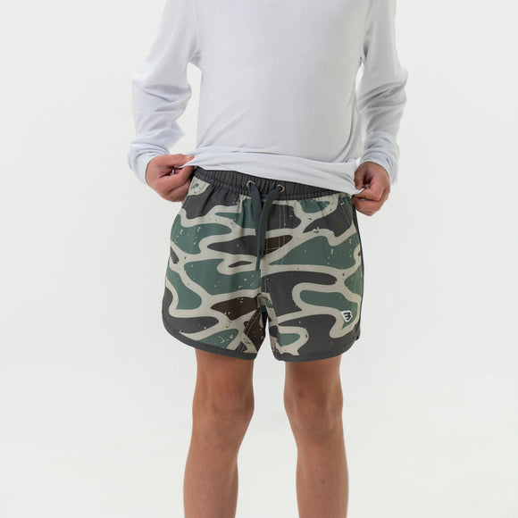 Boys Burlebo Retro Duck Camo swim trunks