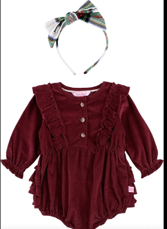 Ruffle Butts Burgundy Stretch Corduroy Waterfall Bubble Romper