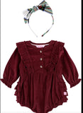 Ruffle Butts Burgundy Stretch Corduroy Waterfall Bubble Romper