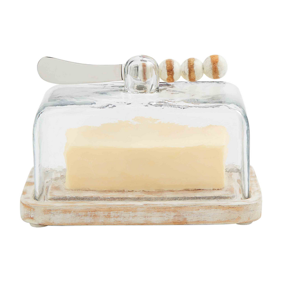 Mud Pie Glass Beaded Butter Dish, White-Carly