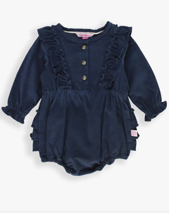 Ruffle Butts Navy Stretch Corduroy Waterfall Bubble Romper