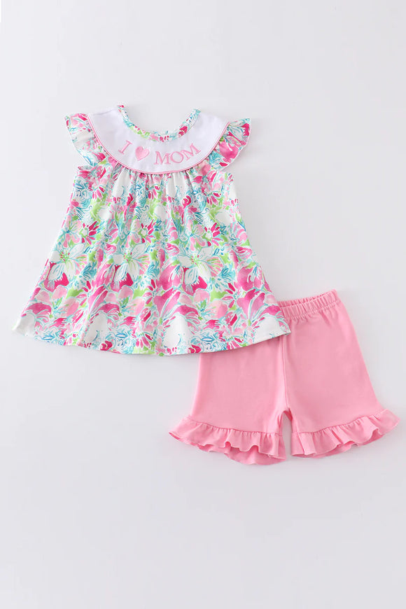 Pink Lily Print I love Mom Set