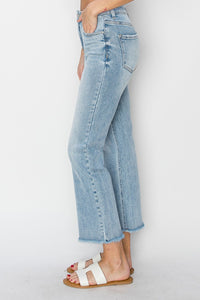 Risen High Rise Cropped Flare Jeans with Frayed Hem