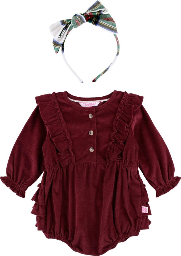 Burgundy stretch corduroy waterfall bubble romper