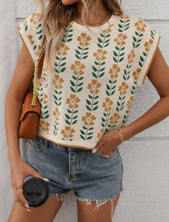 Retro Floral Knit Crop Top