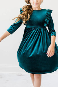 Teal Ruffle Velvet Dress